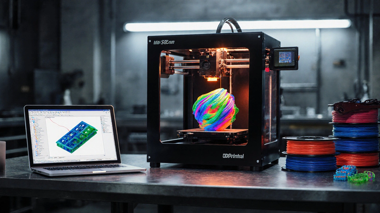 3D printer producing a colorful prototype amid filament spools.