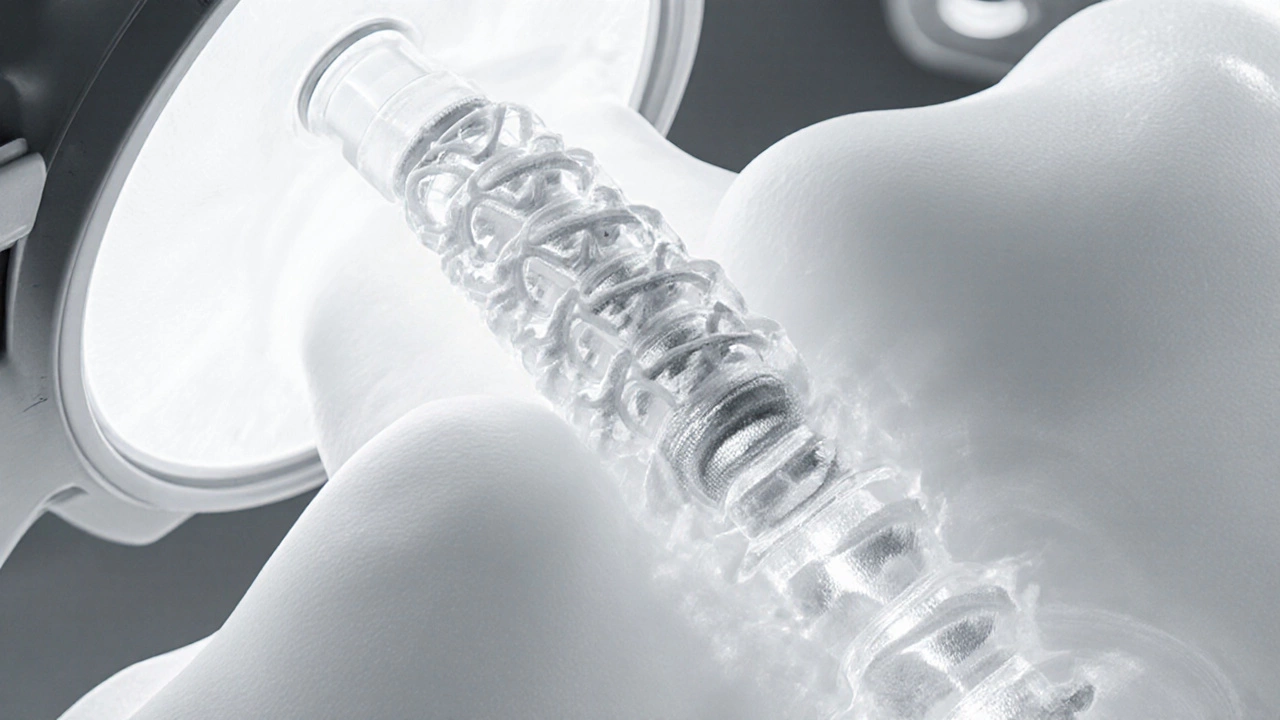 A 3D-printed spinal implant being inserted during surgery.
