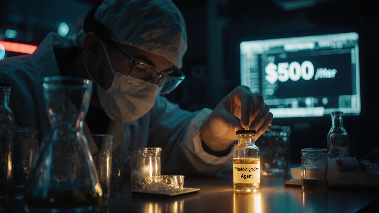 A chemist pouring glowing specialty chemical into a small vial.
