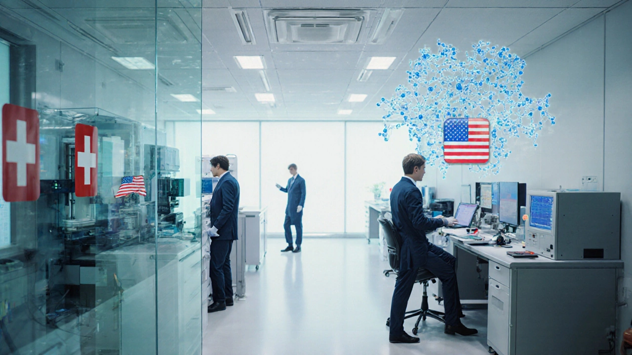 Advanced biotech lab with scientists using AI and 3D bioprinting equipment.