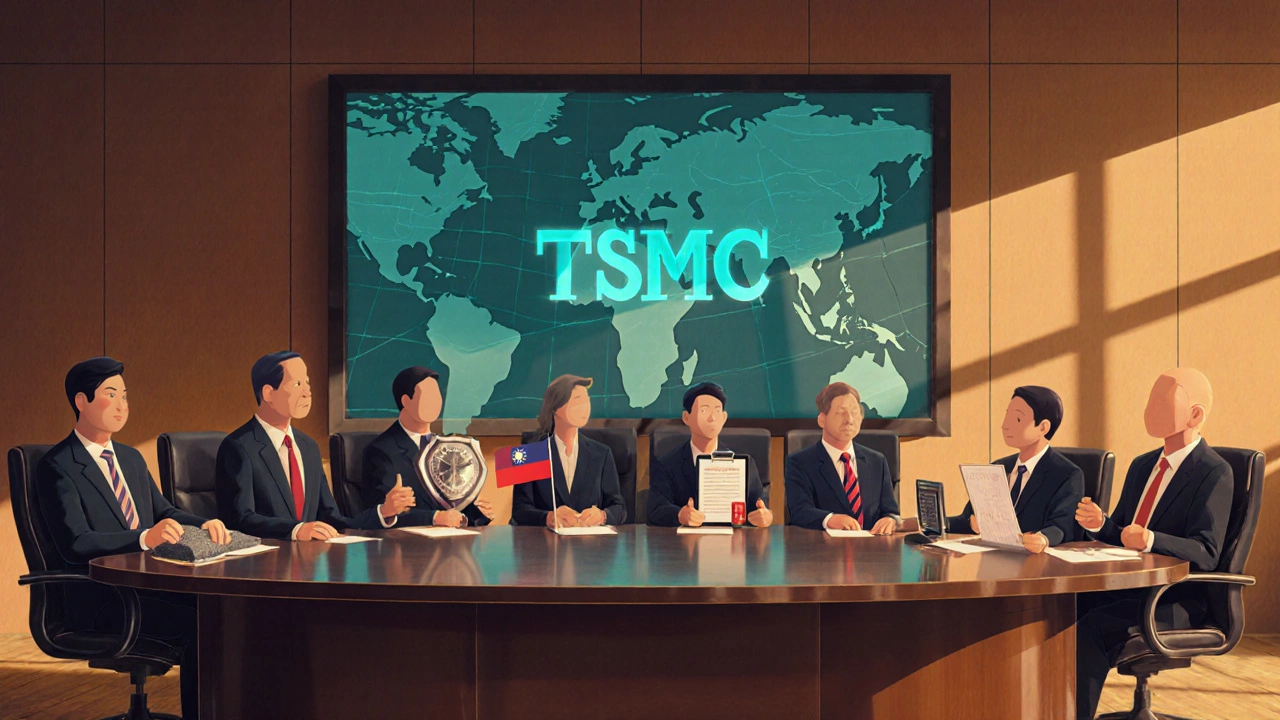 Boardroom with seven figures representing TSMC's top shareholders discussing strategy.
