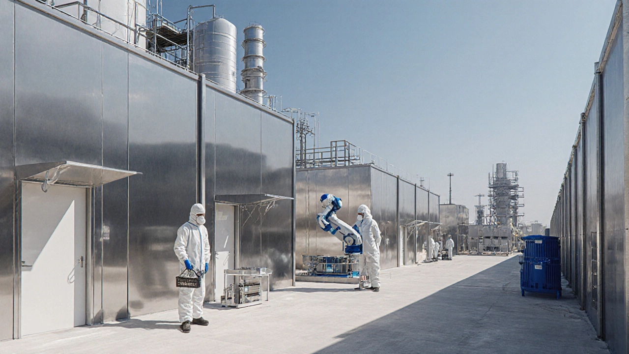 Cleanroom under construction in Maharashtra with engineers in hazmat suits and equipment.