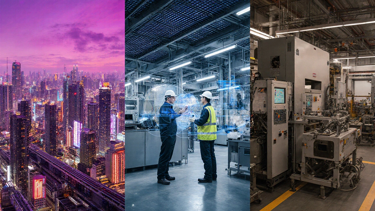 Collage of factories: China electronics, US aerospace, Germany precision engineering.