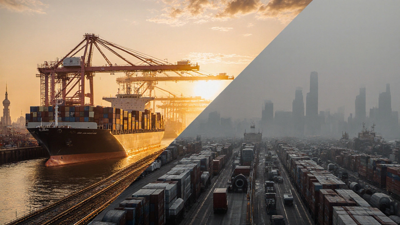 Contrast of a fast Chinese port and a slower U.S. port moving steel shipments at sunrise.