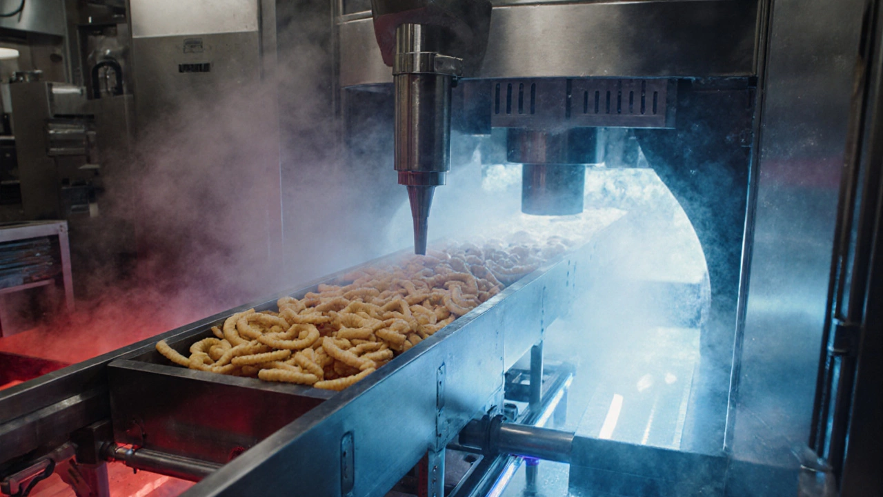 Conveyor shows cooking steam tunnel followed by a blast chiller rapidly cooling products.