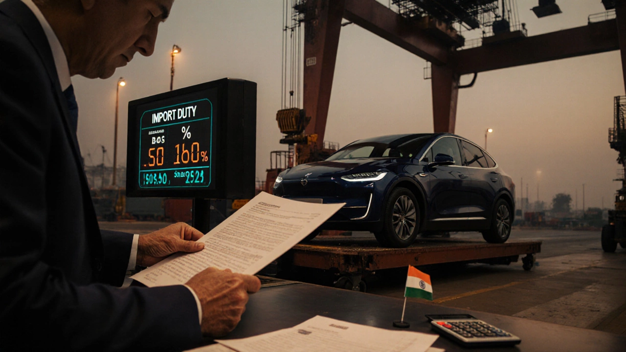 Customs officer stamping documents as a car is unloaded in India.