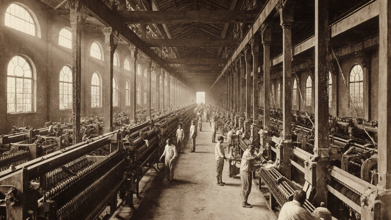 Early 1900s Tata Mill interior with spindles, looms, Indian workers.
