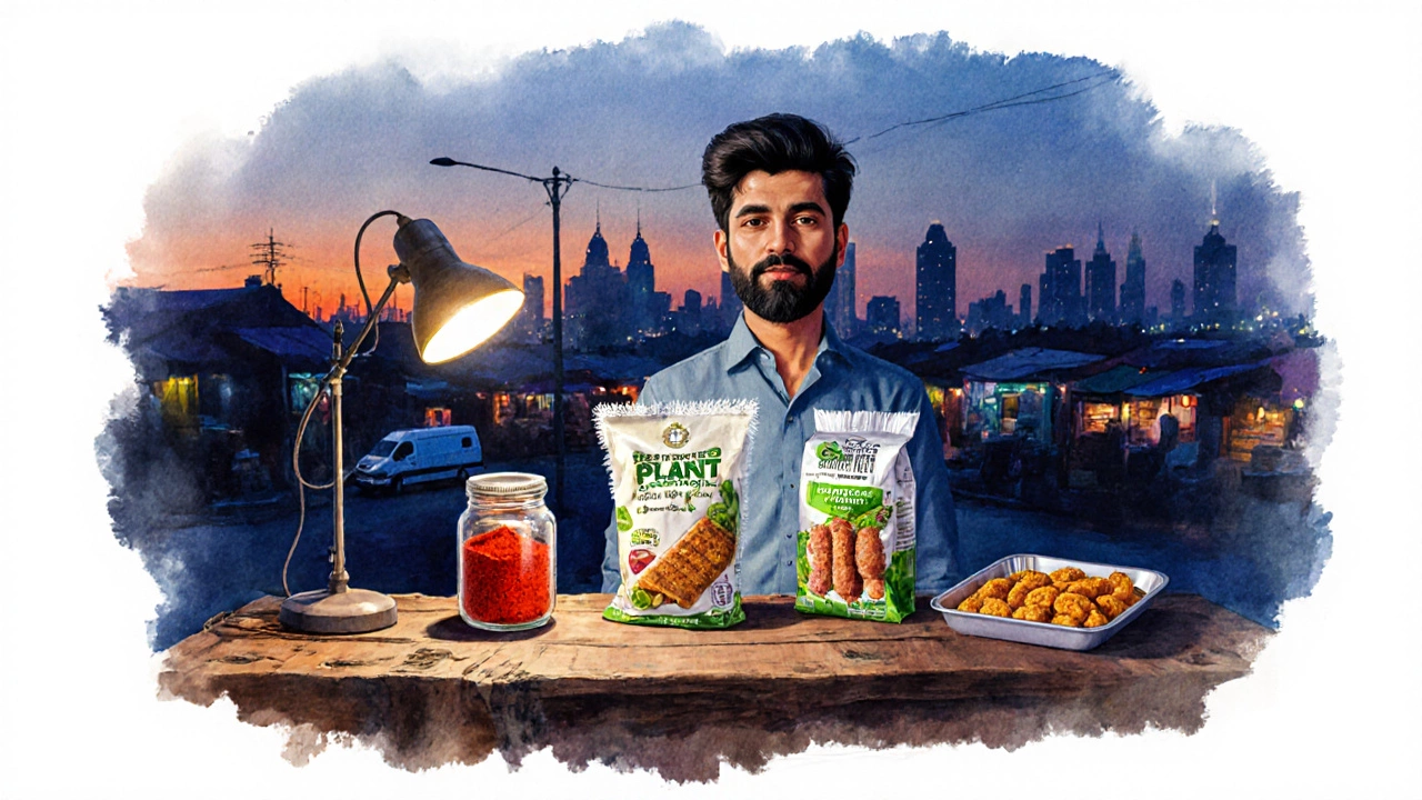 Entrepreneur at a lamp‑lit table reviewing spice jar, snack bar, frozen veg, and plant‑based meat samples.