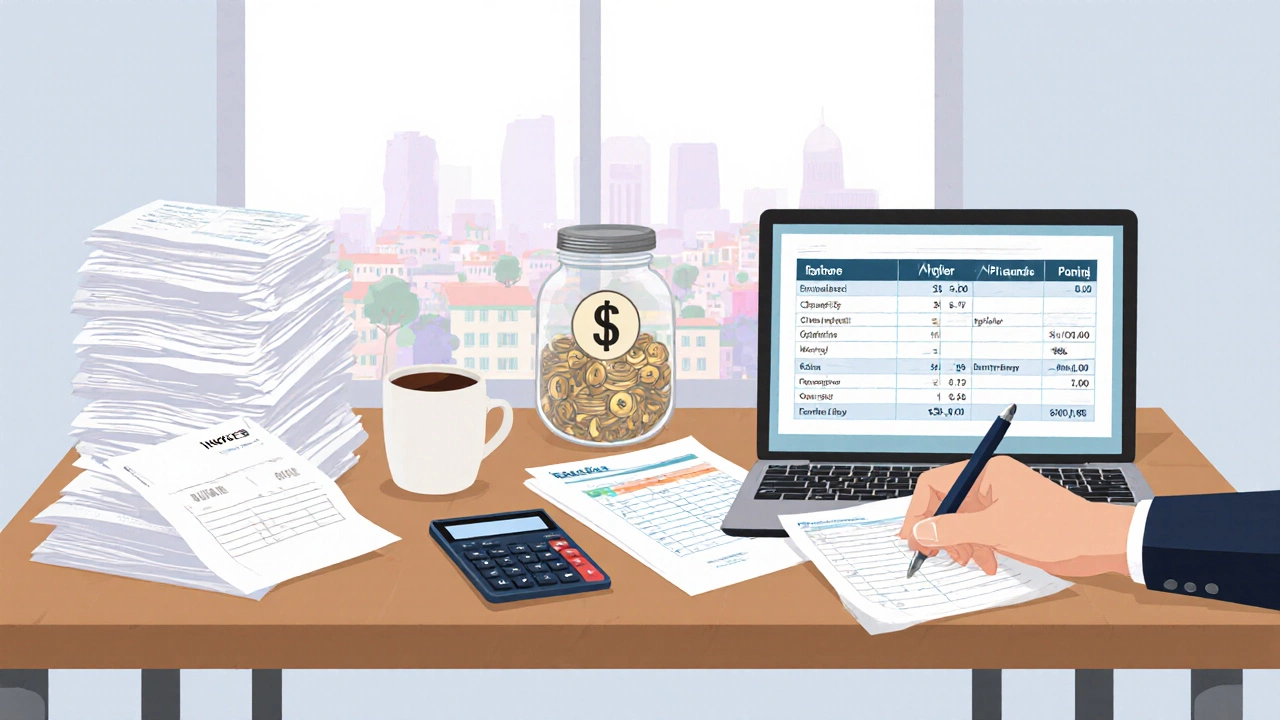 Entrepreneur budgeting desk with invoices, calculator, laptop, and cash jar.