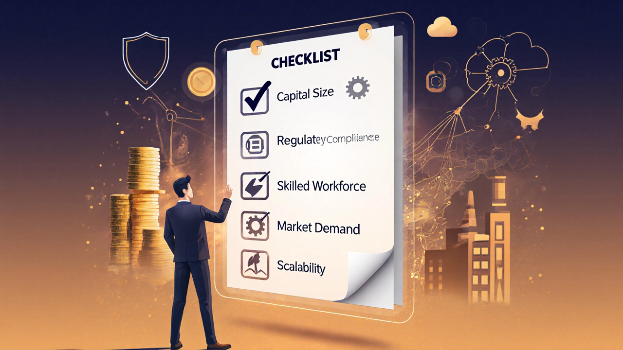Entrepreneur looking at a floating holographic checklist of factors for starting a manufacturing business.
