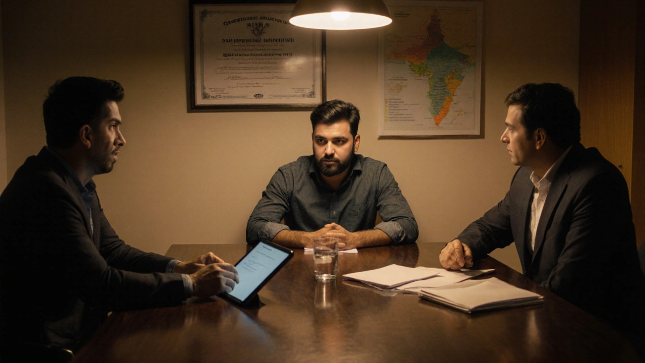Funding meeting with founder, banker, and investor in a warm office.