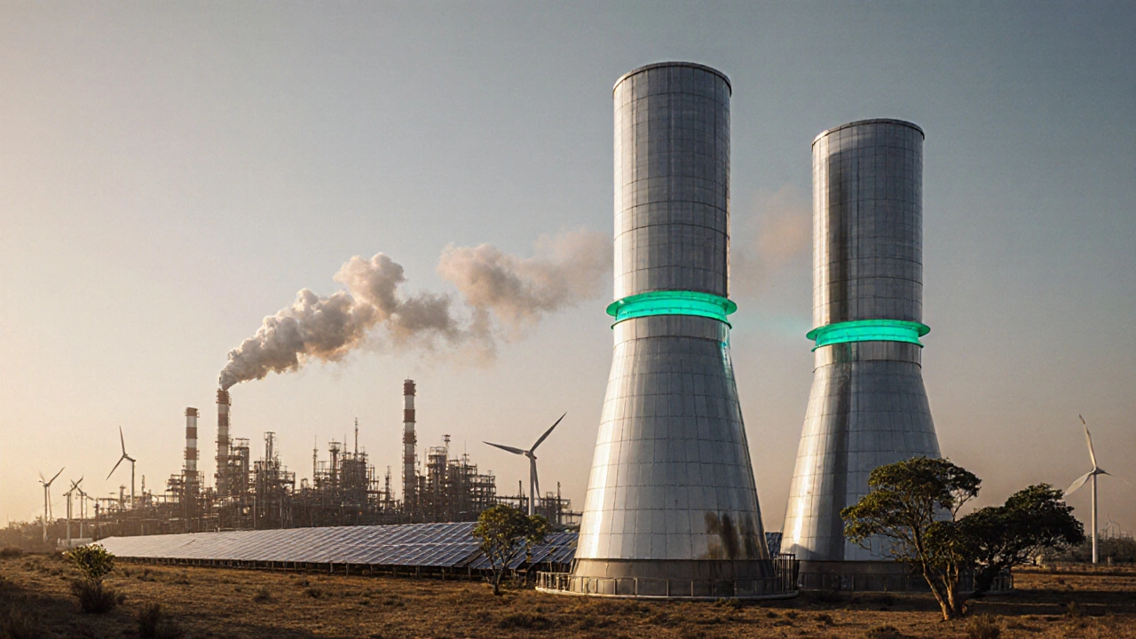 Future green hub with carbon capture towers, solar panels, and wind turbines beside the refinery.