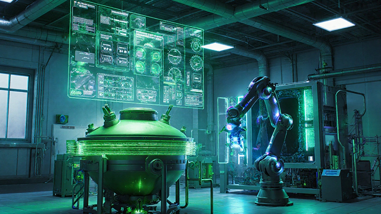 Futuristic green chemistry lab showing bioreactors, AI holograms, and robotic arms processing bio‑feedstocks.