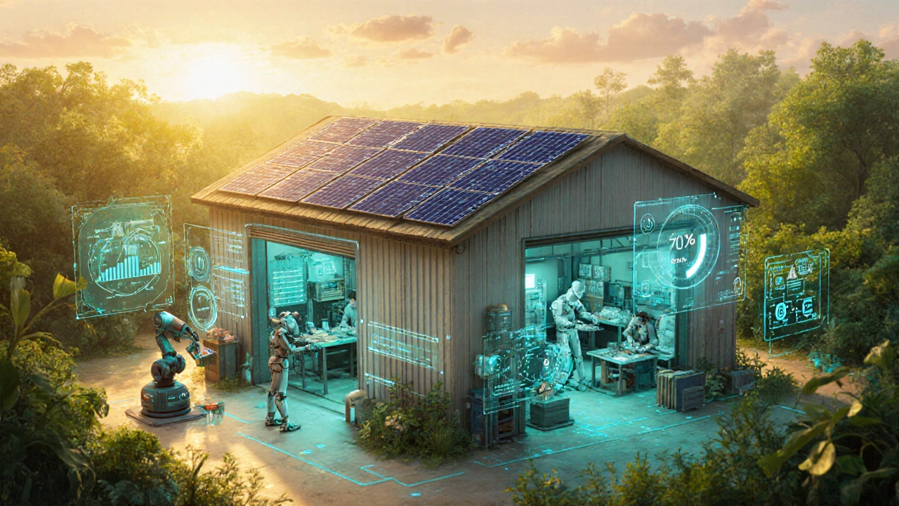 Futuristic green factory with solar panels, robots, and AI dashboards.