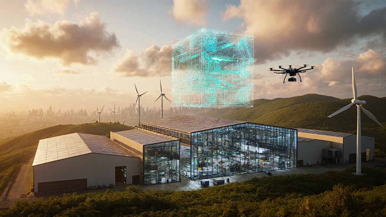 Futuristic green factory with solar roofs, AI robots, and holographic digital twin.