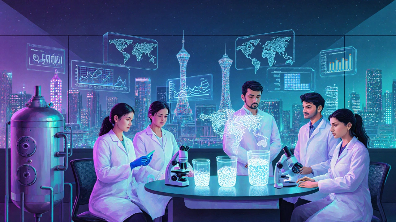 Futuristic Indian biotech lab with scientists working on biosimilars.