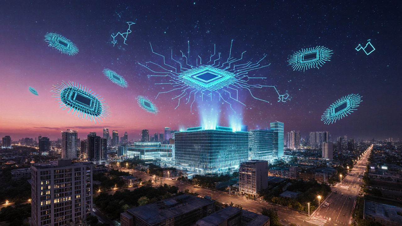 Futuristic Indian skyline at dusk with glowing semiconductor fabs and floating wafers.