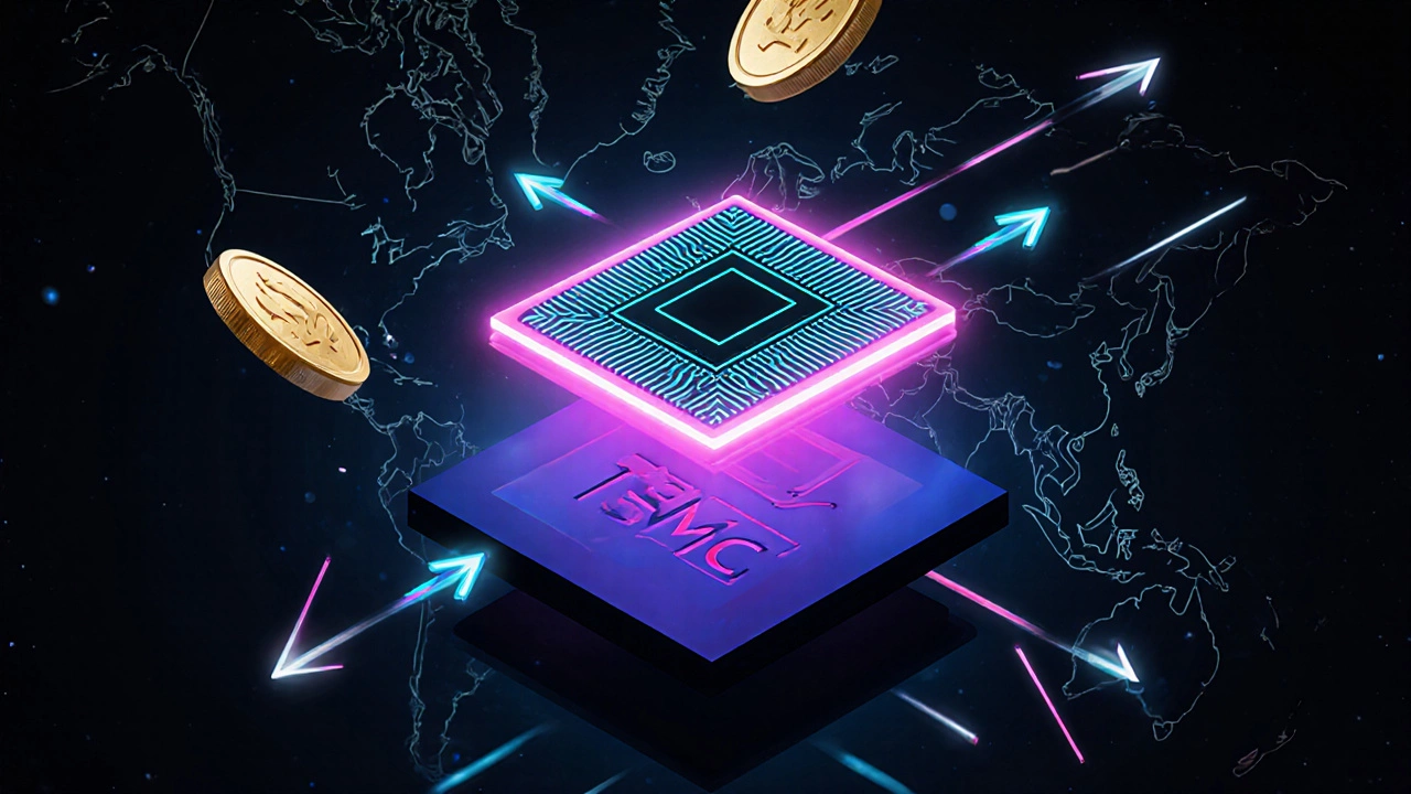 Futuristic scene of an AI GPU chip on a TSMC wafer with neon arrows and dividend symbols.