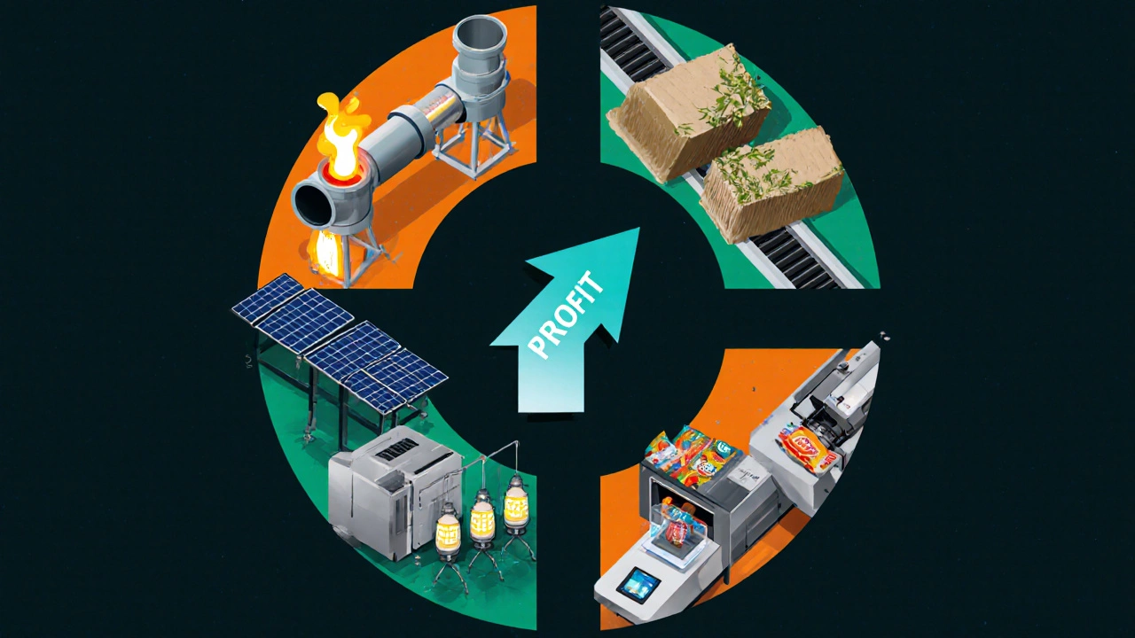 Illustrated collage of five manufacturing ideas surrounding a profit arrow.