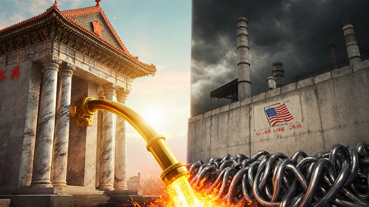 Illustration of Chinese subsidies feeding a furnace and a U.S. tariff wall blocking steel flow.