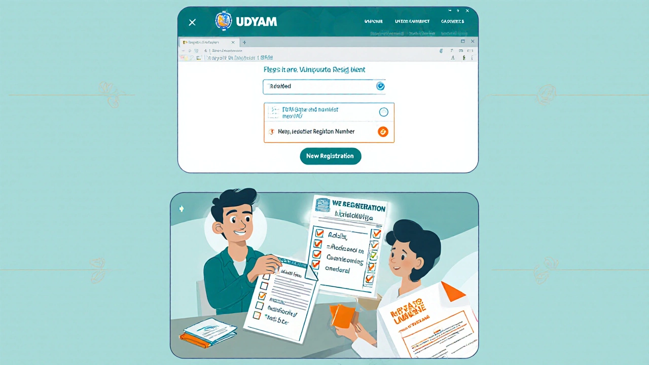 Illustration of entrepreneur registering an MSME with documents and portal screen.