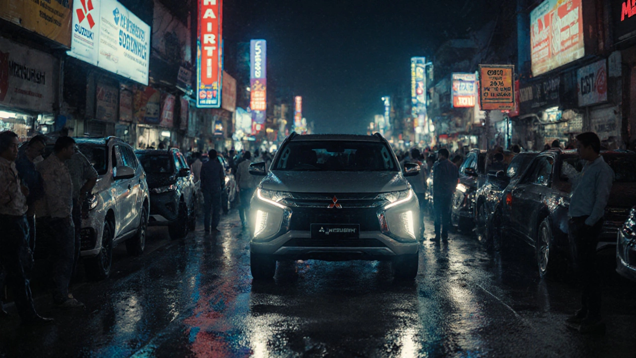 Indian auto market street with many SUVs and a lone Mitsubishi under a GST sign.