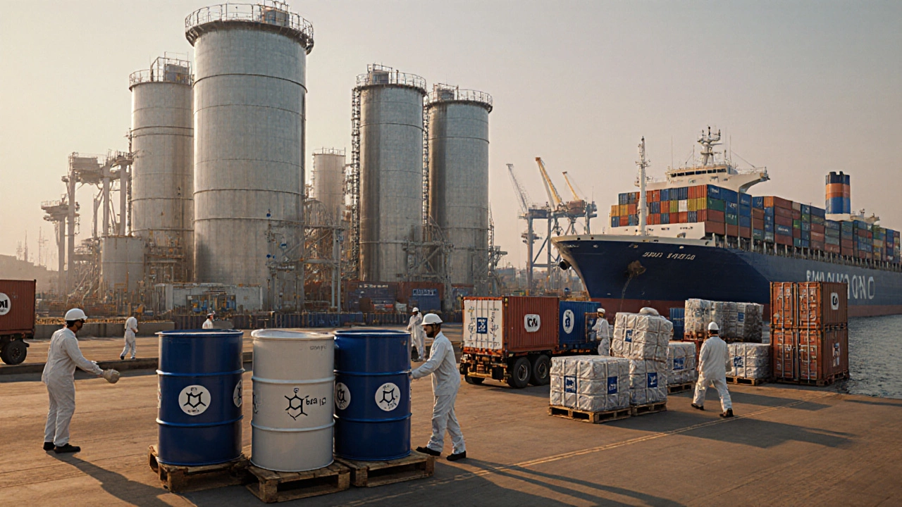 Indian pharma manufacturing complex with factories, trucks, and export ships.