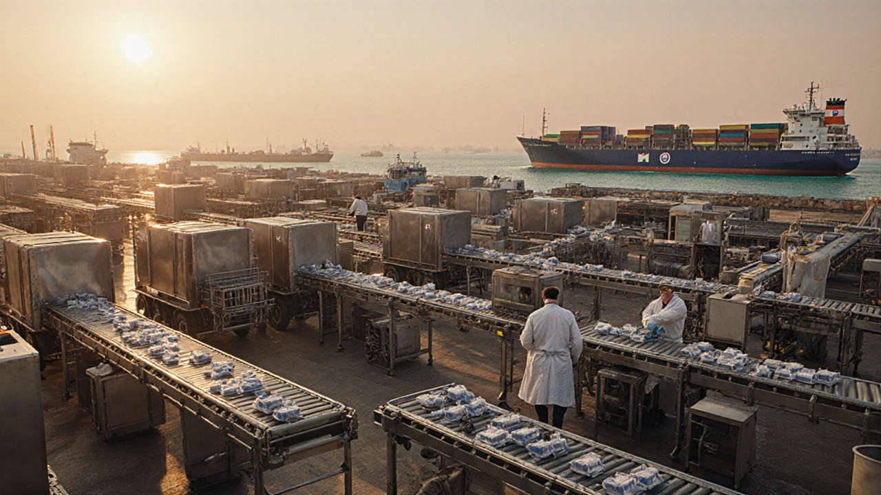 Indian pharma plant at sunrise with workers, conveyor belts, and cargo ships.