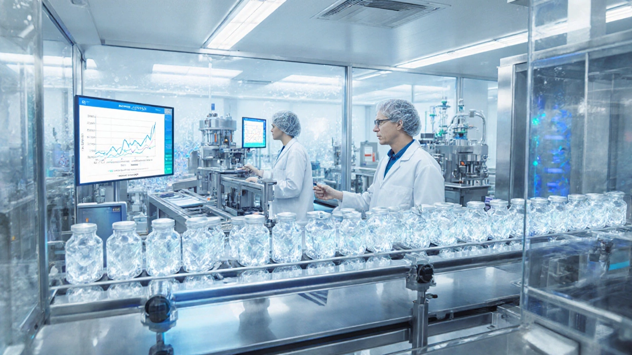 Inside a clean pharmaceutical plant with scientists overseeing a high‑tech pill production line.