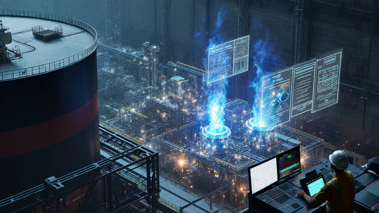 Inside Jamnagar plant showing crude processing, crackers, polymer lines, and digital twin overlays.