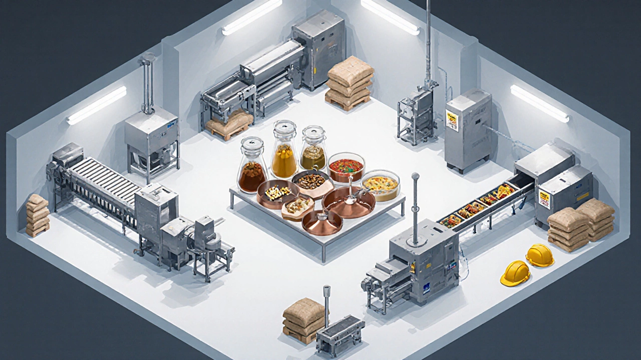 Isometric view of a small food processing line with snack bars, spices, and RTE meal stations.