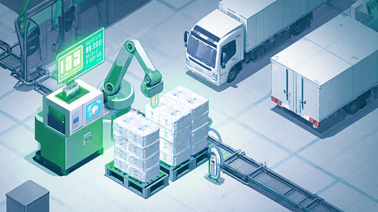 Isometric view of robotic packaging sealing pouches and loading pallets onto refrigerated trucks.