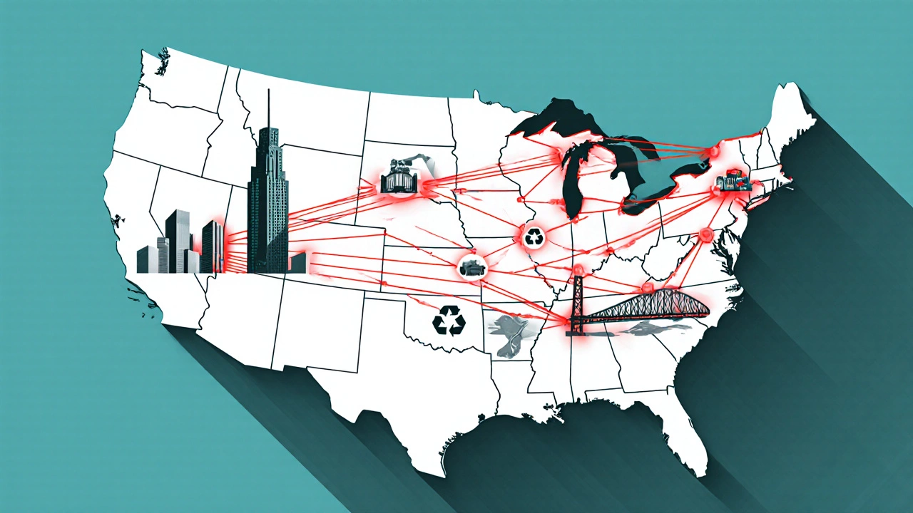 Map of the US showing Nucor's nationwide fabrication network powering major infrastructure projects.