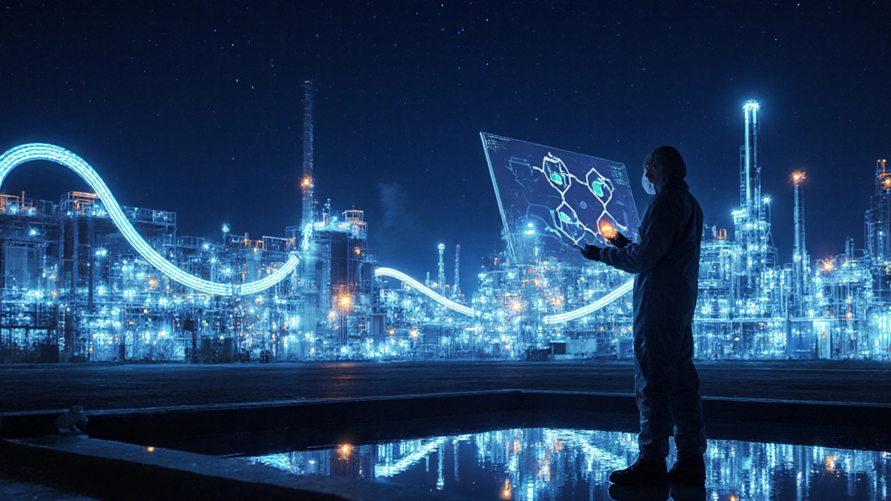 Nighttime chemical park with LED lights, glowing material loops, and a scientist reviewing a digital screen.