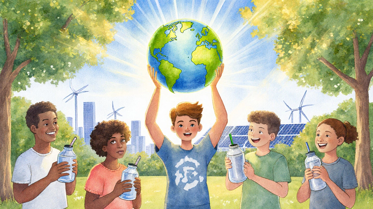 People in a park using reusable items, with a glowing recycled-plastic globe and clean city skyline.