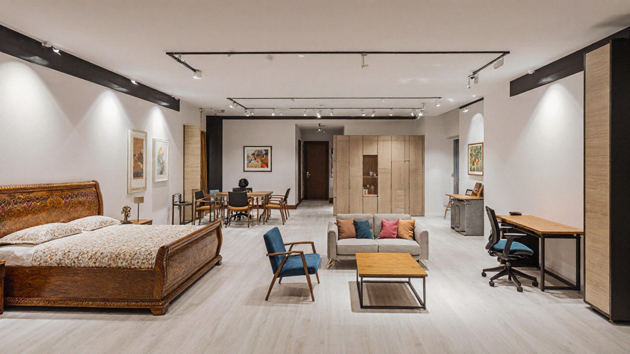 Showroom interior featuring sections of Godrej, Nilgiri, Featherlite, Durian, Spacewood, Wipro, and IKEA.