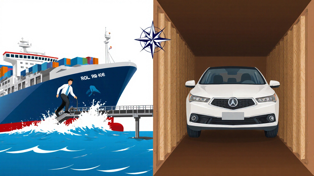 Side‑by‑side view of RoRo loading and container shipping for a car.