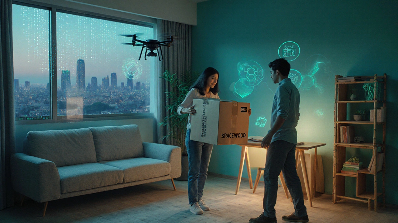 Smart apartment with drone‑delivered flat‑pack furniture, smart desk, and eco‑friendly pieces.