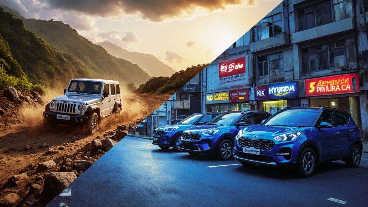 Split scene: Thar conquering a mountain trail opposite city cars parked on urban streets.