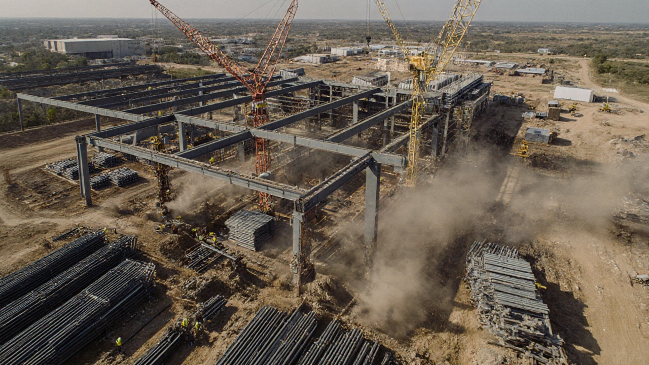 Steel beams being lifted by cranes at a Texas construction site using Nucor-supplied components.