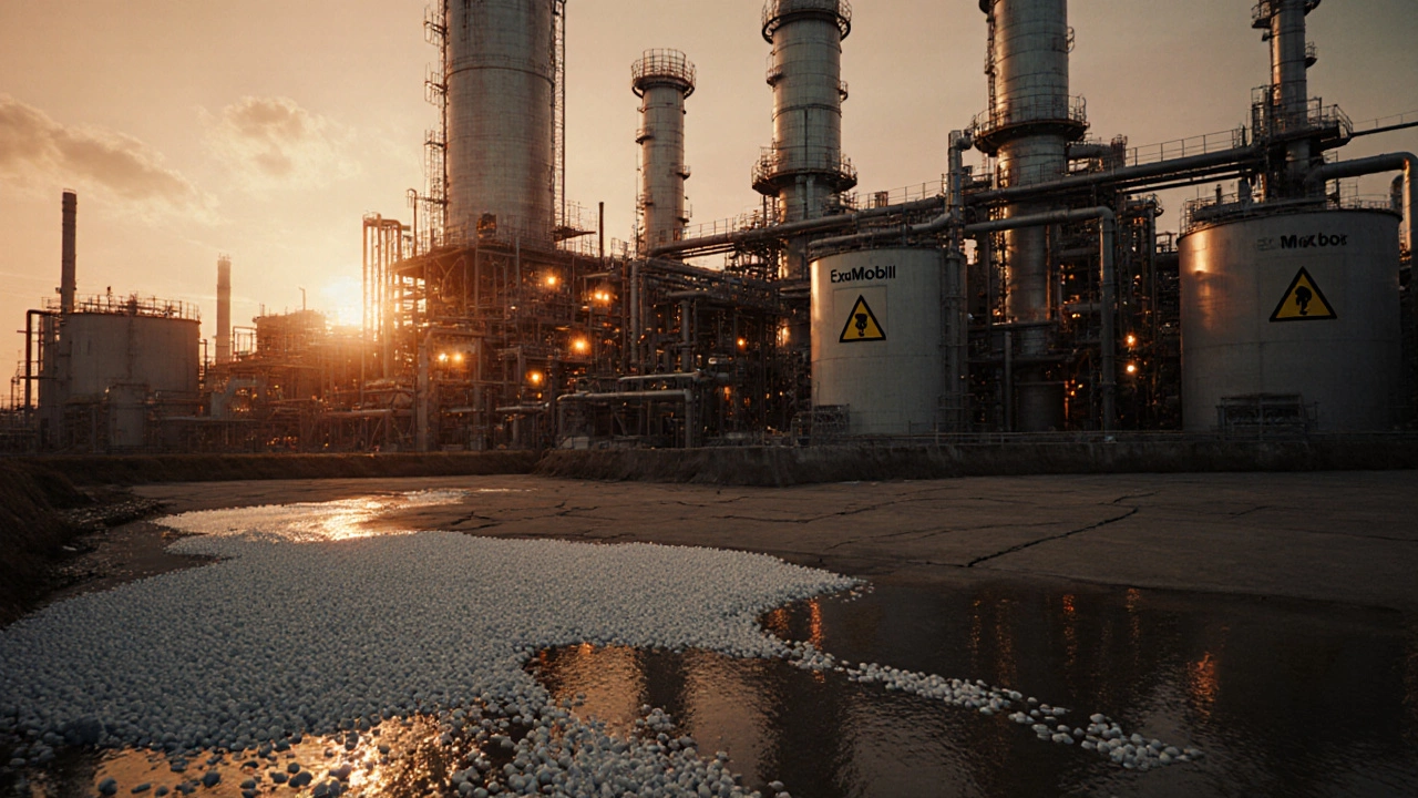 Sunset scene of an ExxonMobil-style petrochemical plant with a spill of polymer pellets.