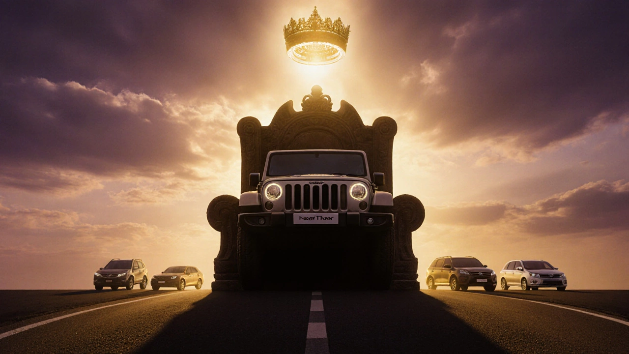Thar on a stone throne under a golden sky, crowned as the road king with other cars fading nearby.