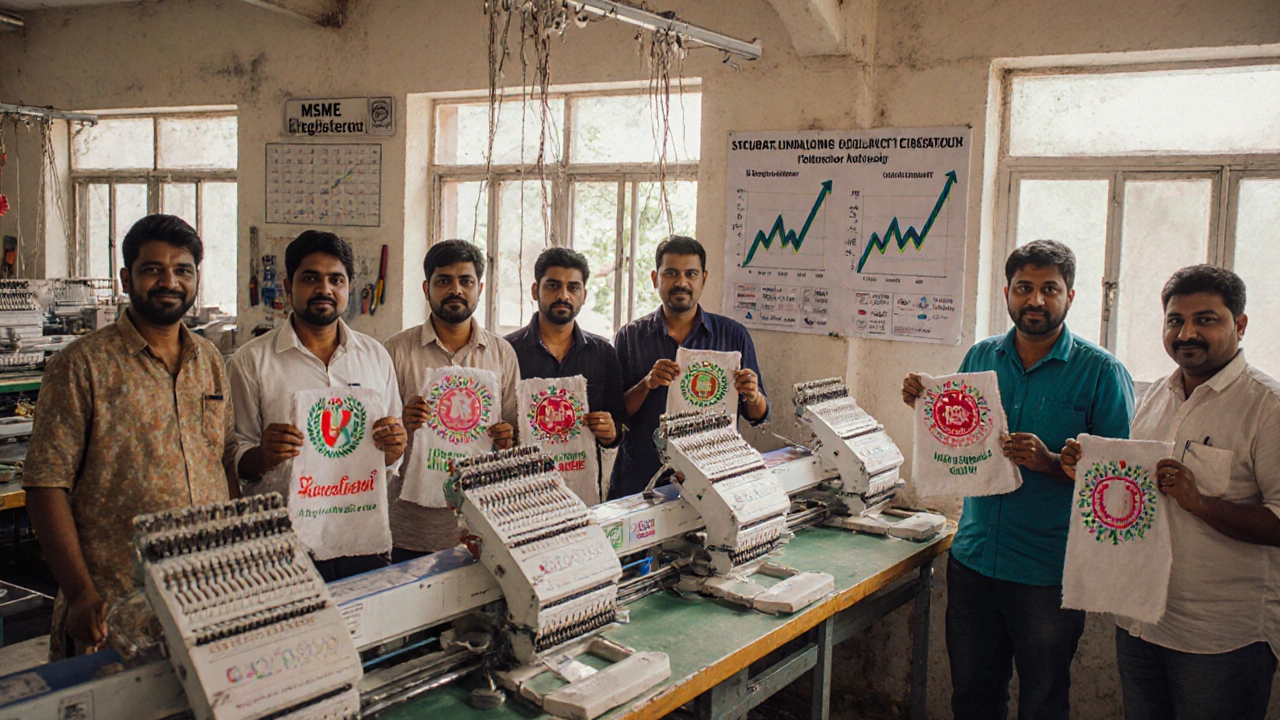 Artisans in a textile unit beside new CNC machines, holding branded fabric samples with sunlight streaming in.
