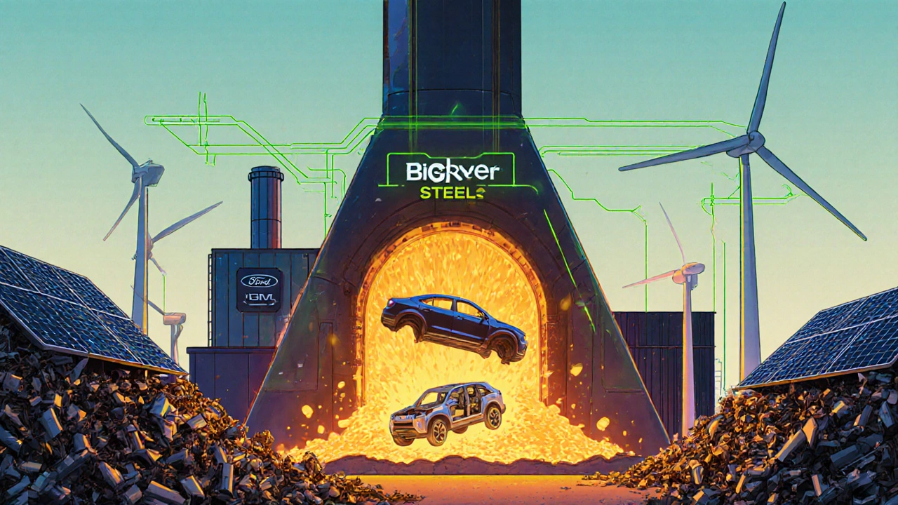 Big River Steel facility with electric arc furnace and recycled scrap, powered by renewable energy.