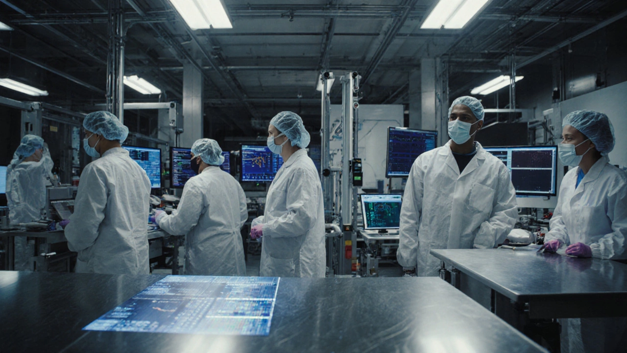 Diverse workers monitoring AI-powered 3D printers and robotics in a clean manufacturing facility.