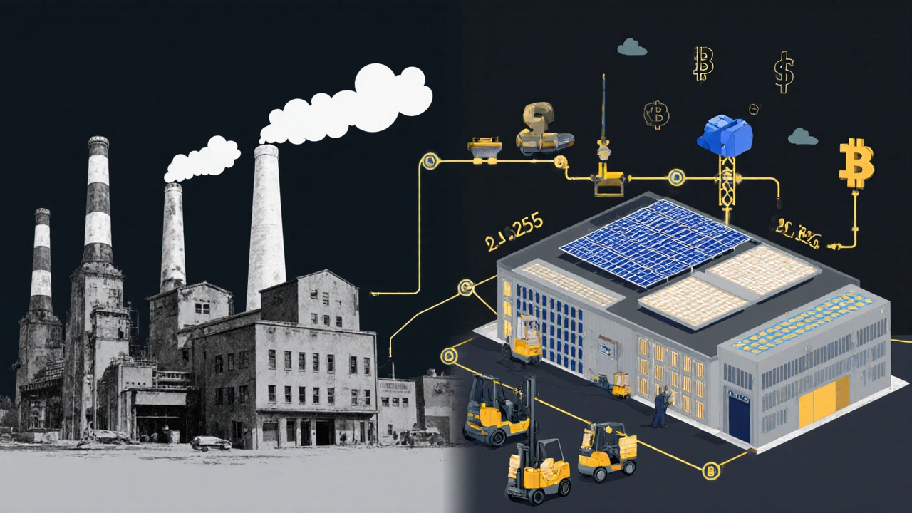 Evolution of U.S. manufacturing from old smokestack factories to high-tech 2025 production hubs.