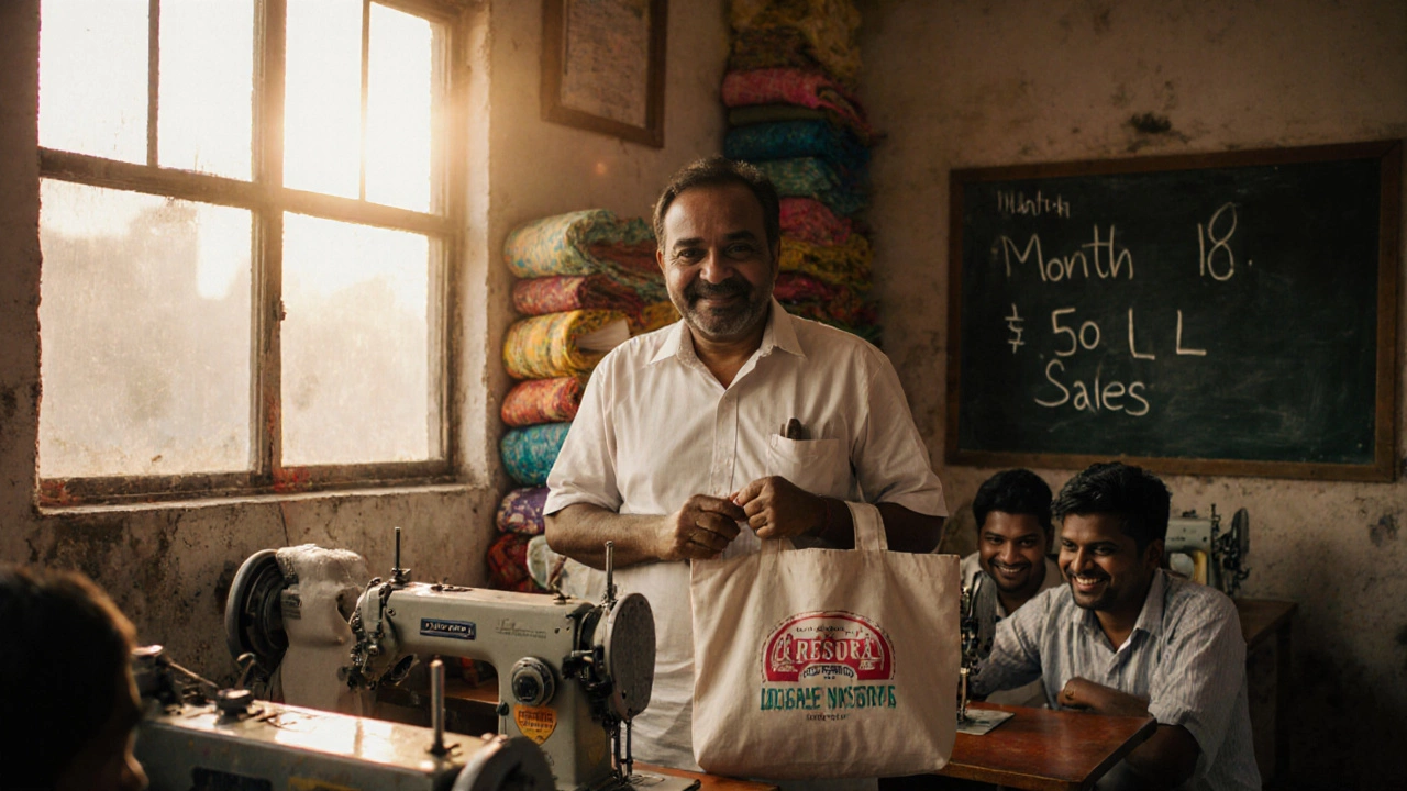 Factory owner in Mysore holding custom bag beside used sewing machines, sunlight streaming in, workers smiling nearby.