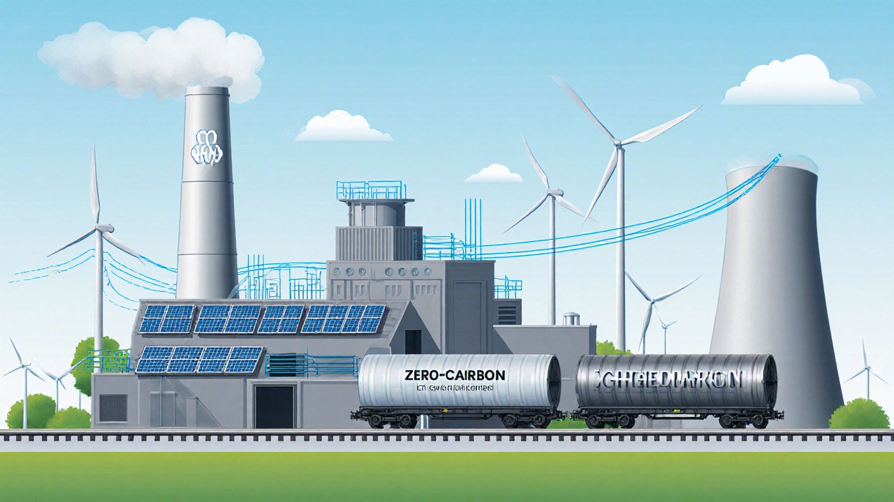 Future vision of the East Chicago Mill with hydrogen towers and wind turbines, producing zero-carbon steel for renewable energy.