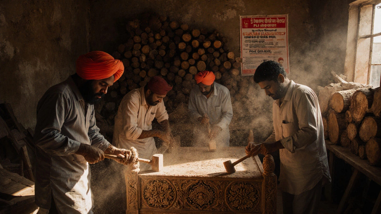 Indian craftsmen carving a traditional wooden bed with hand tools in a quiet workshop.