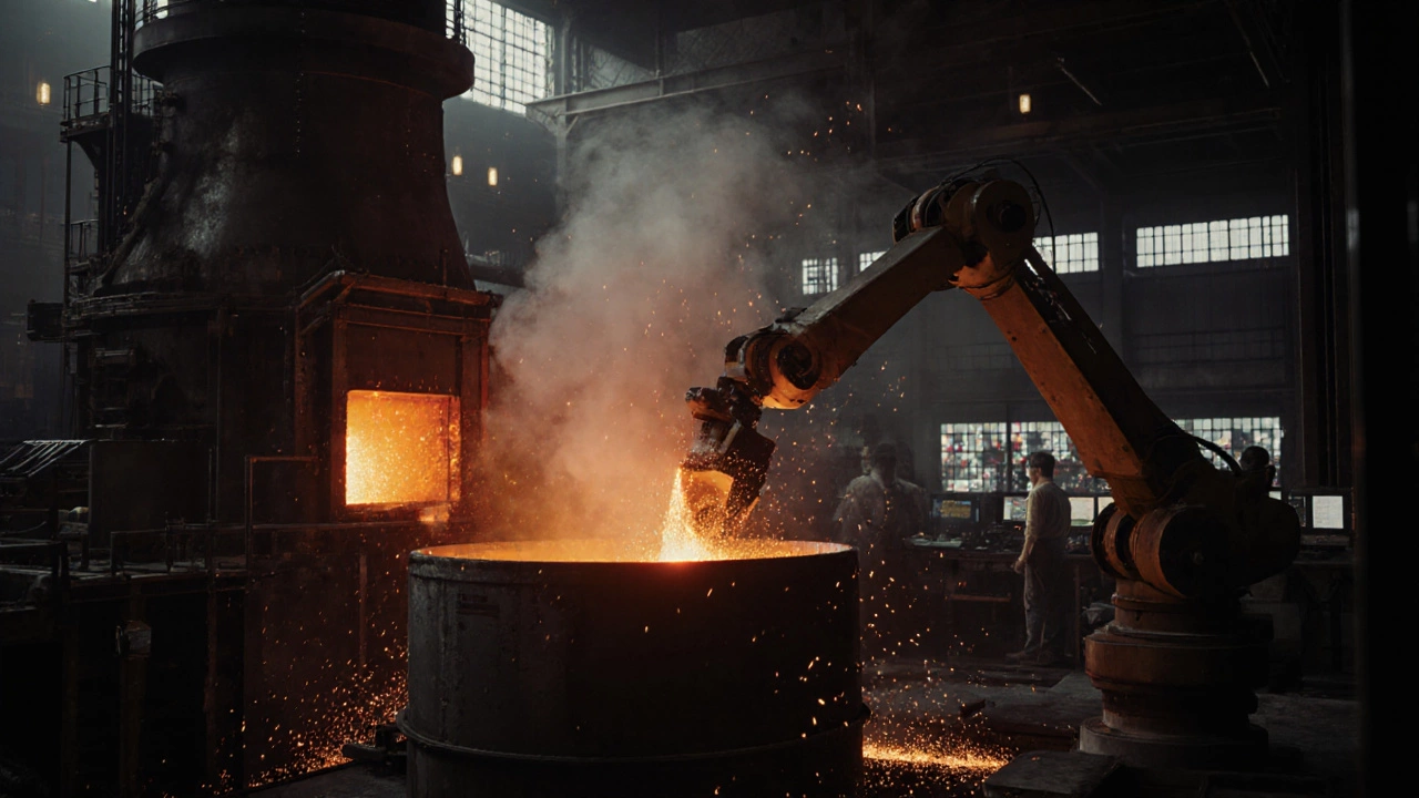 Inside the steel mill, molten steel pours from an electric arc furnace as robots handle hot coils under bright lights.